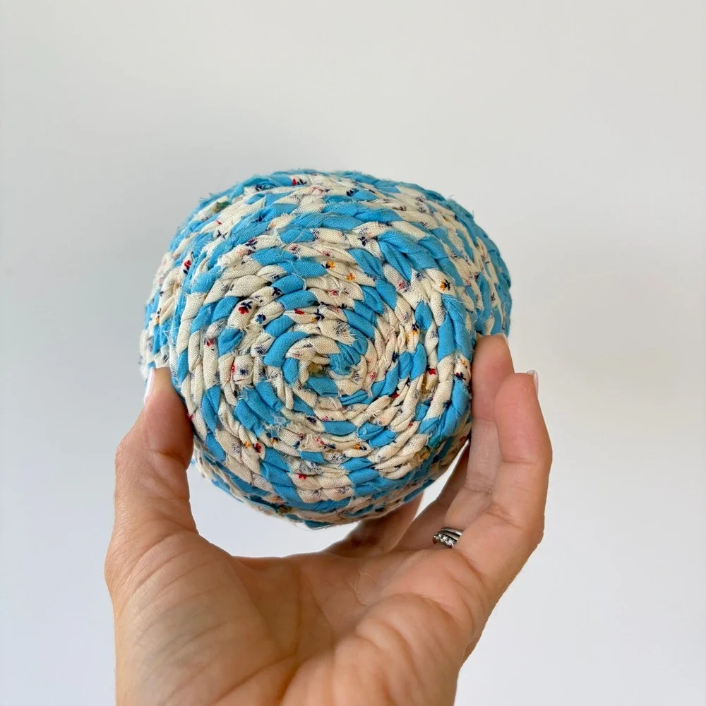 Vintage Hand Braided Fabric Rag Basket Blue Floral Coiled Cotton Storage Bowl